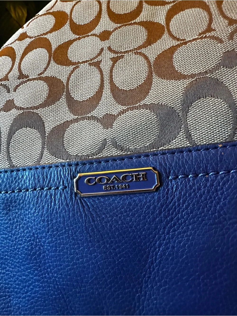Authentic Coach Signature Canvas Hobo Bag in Brown with Blue Trim